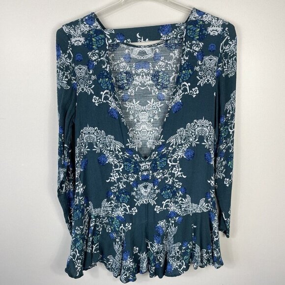 Free People Smooth Talker Tunic Swing Dress Medium Teal Floral Low Back Pockets - Picture 2 of 10